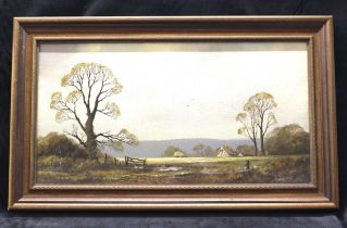 Peter Cosslett (b 1927) Late autumn landscape with farmhouse and figures haymaking, signed lower