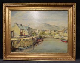 Framed Oil Painting by Eamonn McDonnal showing Annalong Harbour at the foothills of the Mourne