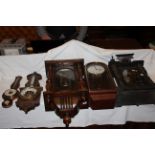 Collection of 3 x wall clocks and 2 x Barometers 1 x modern wall clock appears to be in good order