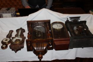 Collection of 3 x wall clocks and 2 x Barometers 1 x modern wall clock appears to be in good order