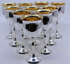 Set of Ten Sterling Silver Gilded Goblets.  They have got makers marks "W S LD", the anchor assay