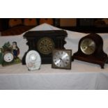 Mixed collection of 4 clocks 1 x metal clock case, including Slate clock replica made from wood, all