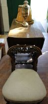 Selection of furniture to include oak drop leaf table with side draw, Upholstered low chair with
