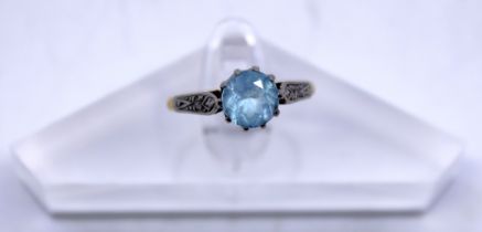 Antique 18ct Yellow Gold and Platinum Topaz & Diamond ring.  The centre pale blue Old Cut Topaz