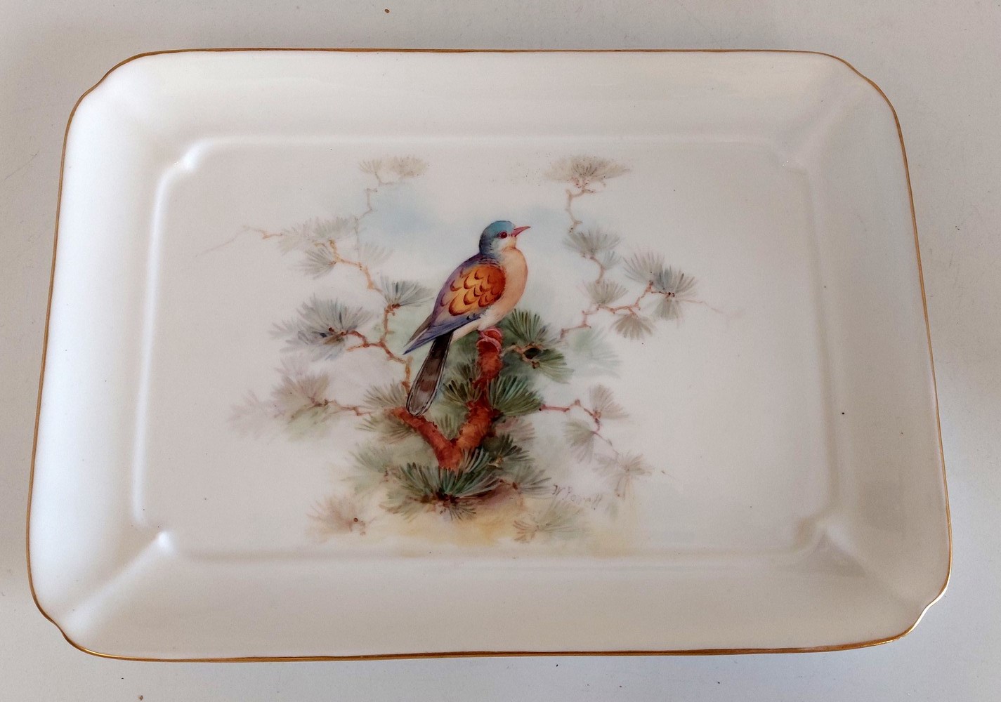 A Royal Worcester Ornithological Turtle Dove tea tray , Signed W Powell, C1921 Decorated with a gilt