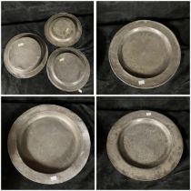 3 large antique Pewter chargers, largest approx 18" across,