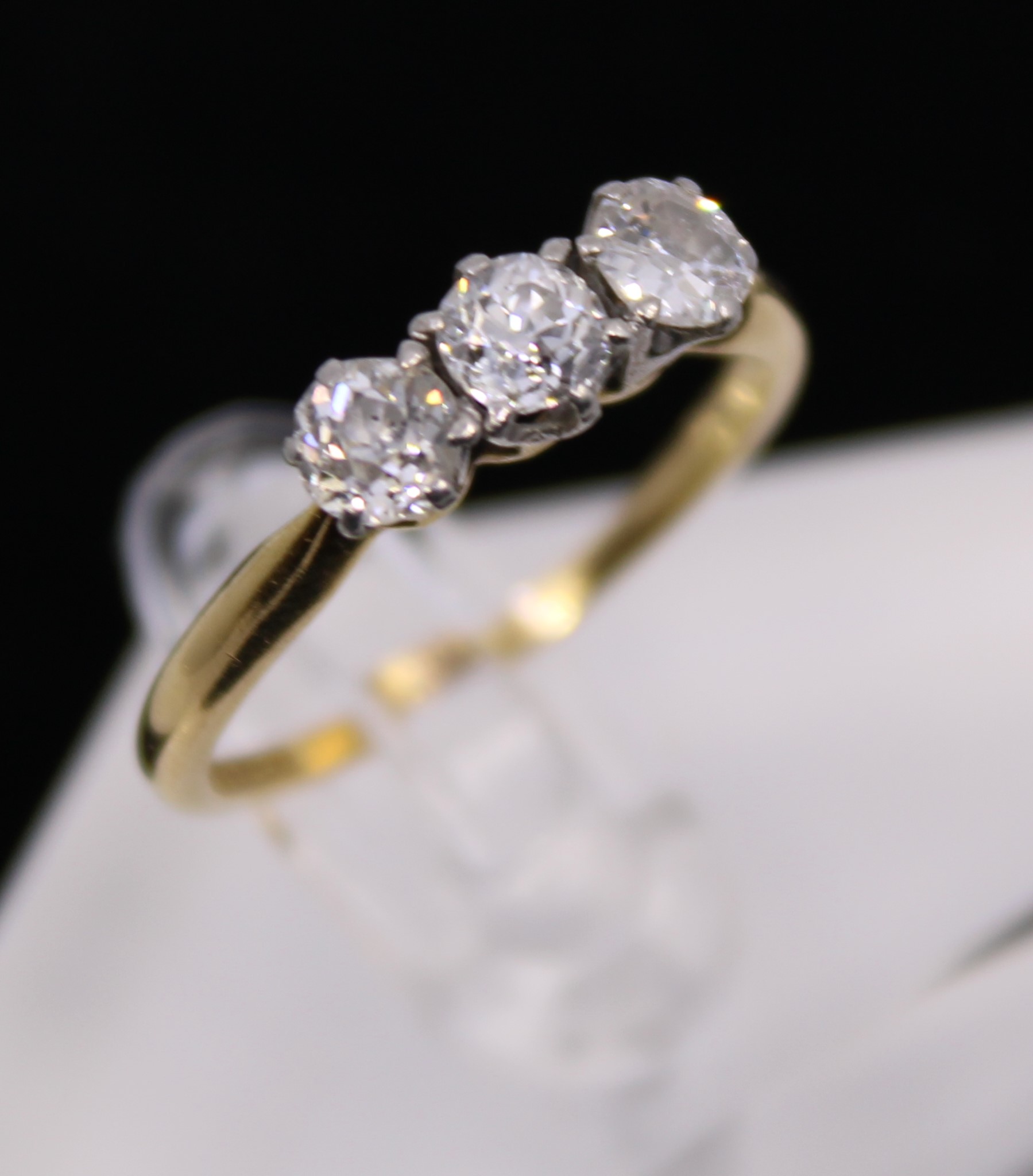 18ct Yellow Gold Three stone Old European cut Diamond ring.  The centre diamond is approx 0.25ct and - Image 2 of 3