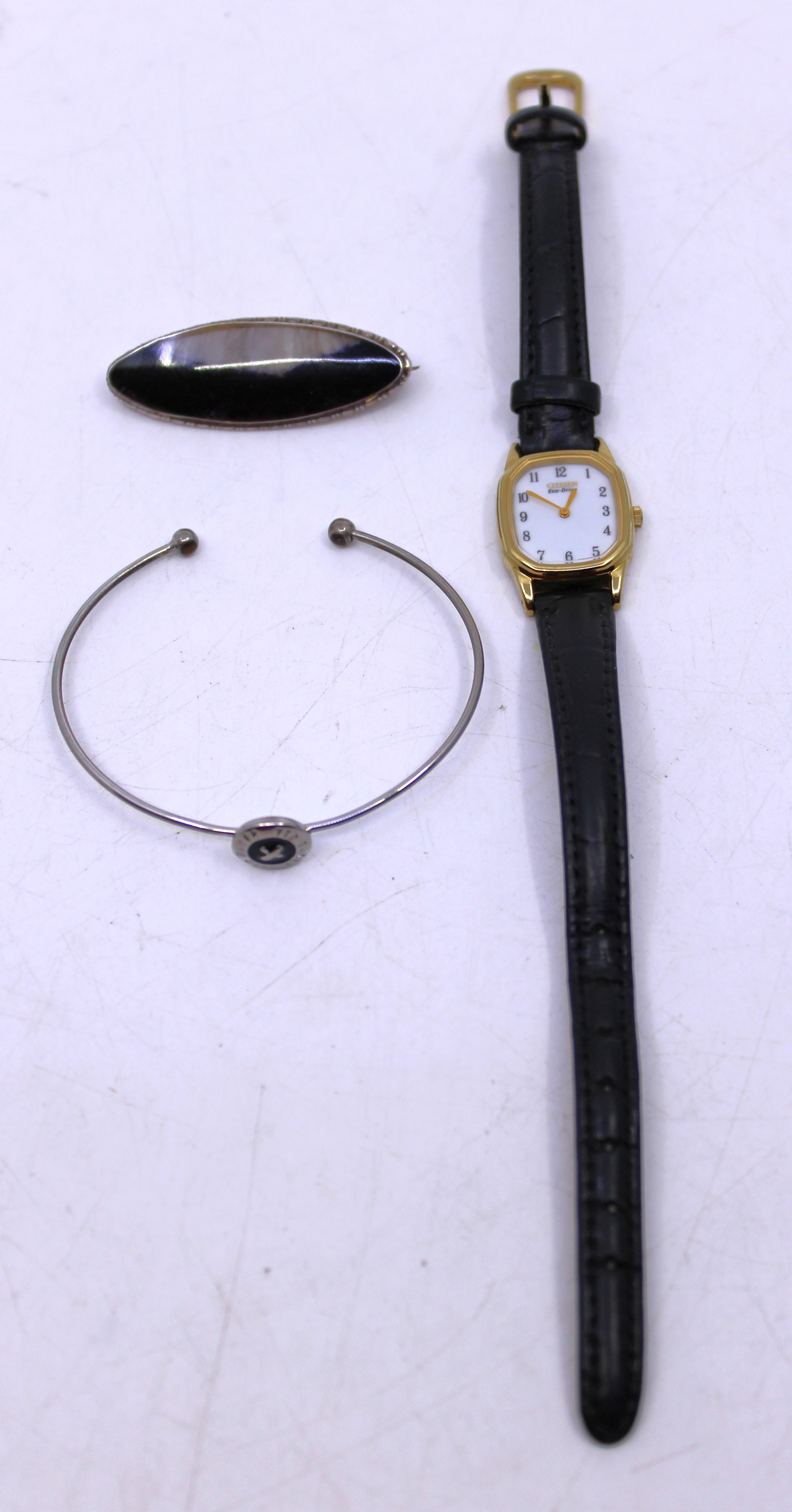 Sterling Silver Blue John Brooch, a Ladies Citizen Eco-Drive Watch and a Base Metal Ted Baker