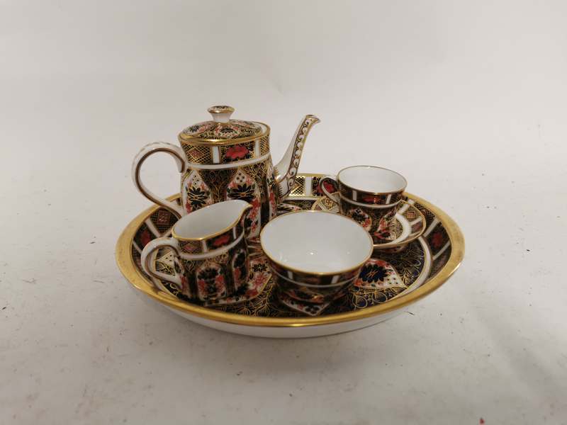 A Royal Crown Derby Bone China Miniature Tea set on tray, Old Imari Pattern 1128. All 1st quality