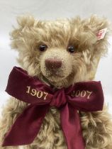 Steiff  excellent Vintage 1907-2007 100 year anniversary 11” teddy bear 662676 with burgundy neck