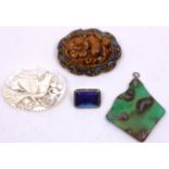 A Chinese Silver Gilt, Enamel and carved Quartz; Variety Tigers Eye brooch, a Chinese Mother of