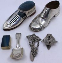 Selection of Silver Items. To include two Antique Sterling Silver Shoe Design Pin Cushions, a