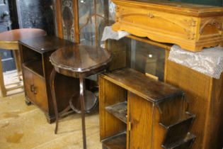 5 items of furniture to include an oak art deco style magazine cupboard, a glass china cabinet 2