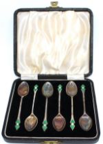 Set of Six Art Deco Sterling Silver Green and White Enamelled Teaspoons boxed. They are hallmarked