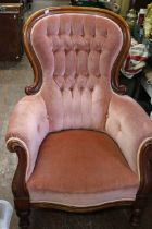 Victorian mahogany "Pink Draylon" sppon back nursing chair. (1)