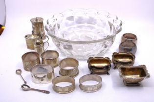 Selection of Sterling Silver items, an EPNS Mustard spoon and glass fruit bowl.  There is eight