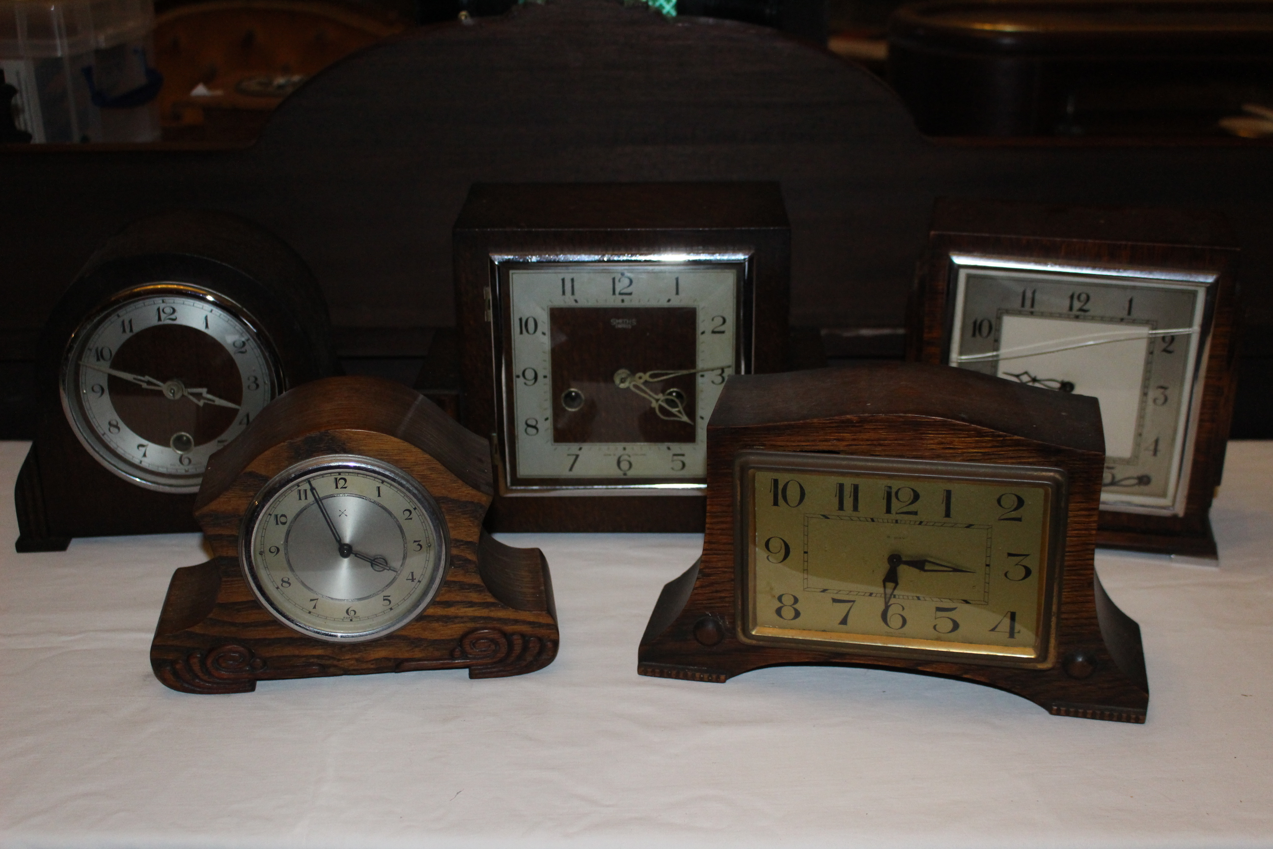 Collection of 5 x wooden mantel clocks some chiming, all mechanical/windup but selling as untested