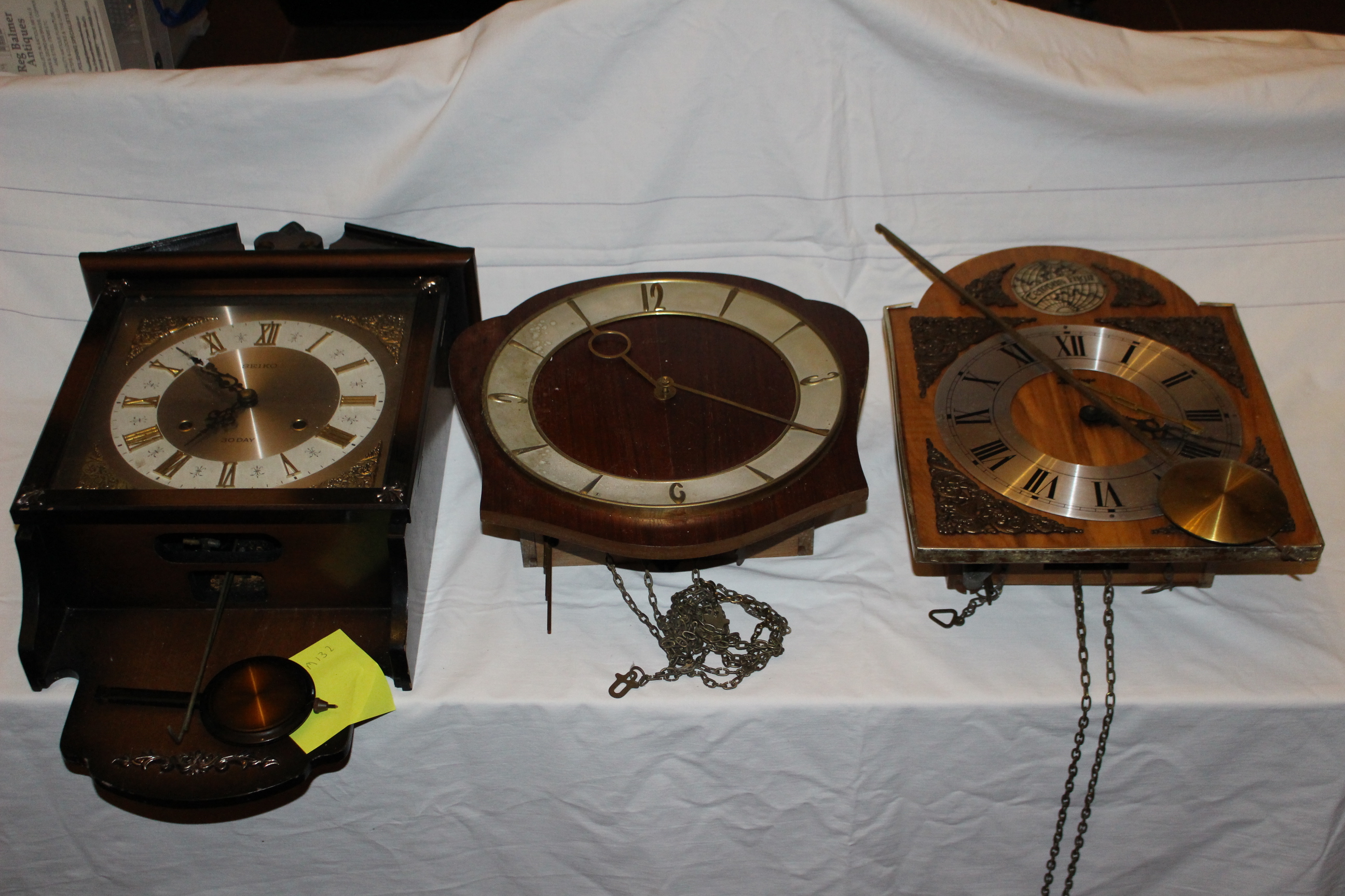 3 x vintage wall clocks 2 x weight driven and 1 x quartz/battery 2 x pendulum included but no