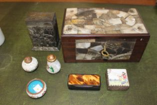 An Oriental enamel square box , a papier mache snuff box, 19th century, a cloisonne three piece