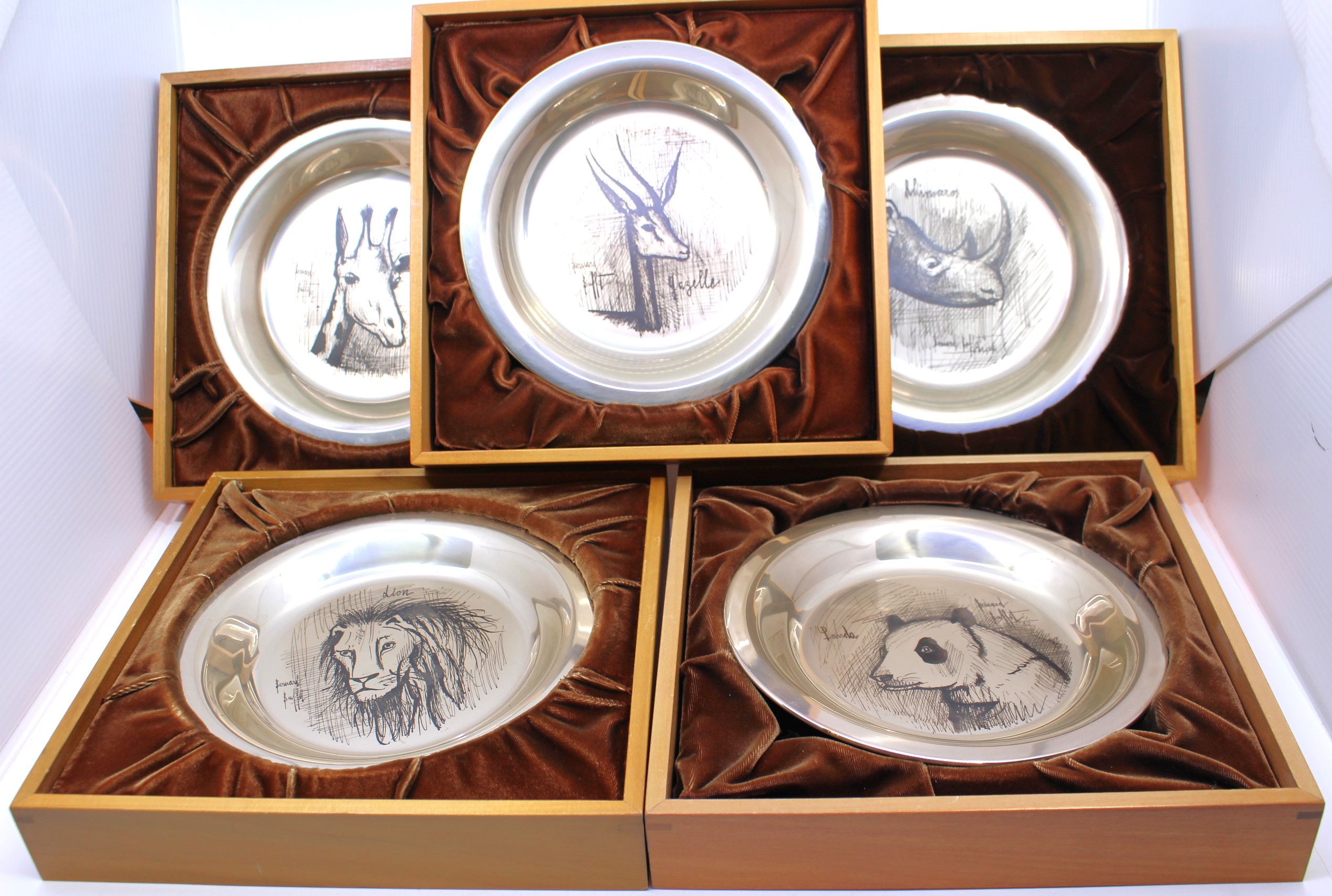 Bernard Buffet Silver Plate Dishes framed. Five of them altogether.  To include Giraffe, Lion,