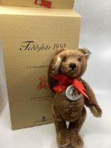 Steiff 1950 Dark Brown replica teddy bear made in 2001 with red bow and fitted medallion , in