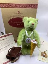 Steiff 420139 Steiff 1998 school Beginner green teddy bear with certificate, school satchel and