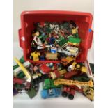 Large tub of vintage play-worn diecast vehicles and small plastic large selection of figures and