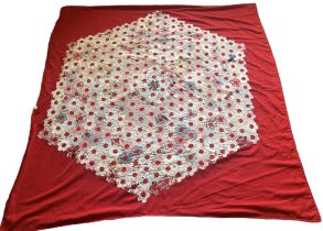 A late 19th century patchwork quilt topper with turkey red border (s/d), the backing being a