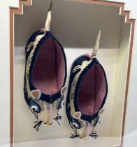 A pair of Chinese, late 19th century child's shoes or slippers in the form of rats, mounted in a box