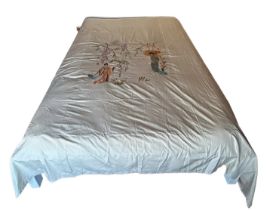 A very large mid-century silk bedspread with a hand embroidered design featuring Japanese women in