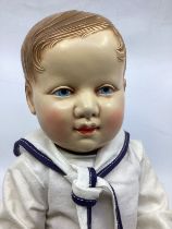 French Celluloid Eagle mark character boy with sublime face c 16” on bent limb character baby