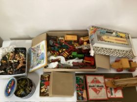 Large selection of childhood toys to include a box of Britains and other die cast Farm tractors