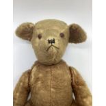 Vintage c 1950s 23” Irish teddy bear with the original Gaelic foot label. Likely Erris toys Label