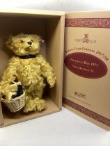 Steiff 1997 Club Picnic teddy bear in box with shipper. The teddy bear has a basket with a table