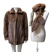 A sable fur swagger jacket c1950s with matching tippet and similar hat along with a silk scarf.