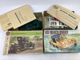 Airfix Vintage car kit sets to include a Beach buggy 1/32 model and a 1912 Ford T model-both have