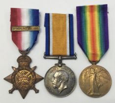 A 1914 Star and ‘Mons’ clasp trio, awarded to 7644 Pte Albert Trasler of the 1st Bedfordshire