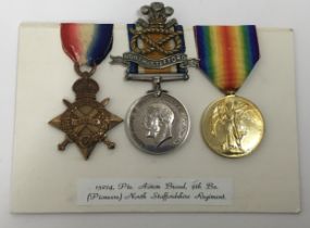 A WW1 1915 Star trio, and cap badge, awarded to 15274 Pte Aaron Broad of the 9th Battalion (