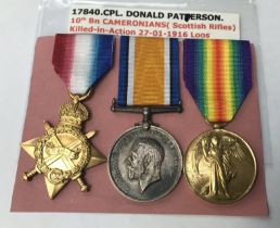 A WW1 1915 Star casualty trio, awarded to 17840 Cpl Donald Paterson of the 10th Battalion (