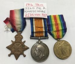 A WW1 1914 Star trio, awarded to 5260 Pte A. Kingscombe of the 2nd Devonshire Regiment. To