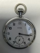 A military issue Cyma open faced chrome plated pocket watch, comprising a white dial with Arabic
