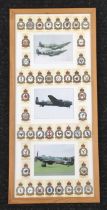 A framed and glazed RAF Squadron badge cigarette card display, containing 44 card, and photographs