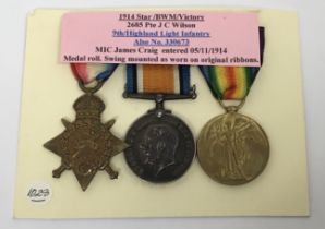 A WW1 1914 Star trio, awarded to 2658 Pte James C Wilson of the 9th Highland Light Infantry. To
