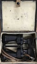 A WW2 set of RAF issued x5 Bino Prism MK4 Binoculars, marked with a broad arrow and code 6E/383, and