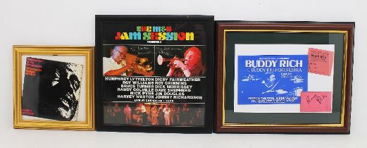 Three signed displays LP signed by Humphrey Lyttelton, Witherspoon Webster and a Buddy Rich framed