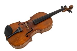 A 1920s Rushworth & Dreaper 4/4 School violin with Golden Strad bow, pine coffin case & accessories