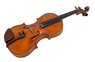 Violin, unmarked, in fitted case W.A. Davids, Rotterdam, one piece back with one bow, AF.