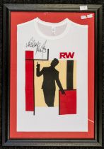 Robbie Williams A framed and signed / Autographed T-shirt. From the same vendor as lot 8 - Framed it