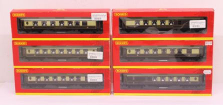 Hornby: A collection of six boxed Hornby, OO Gauge coaches to comprise: R4143B, R4144B, R4145B,