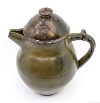 Abuja Pottery, Nigeria coffee pot, dark green glaze on a brown clay ground signed PK at the base of